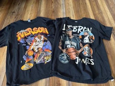 LeBron James Allen Iverson Comic Style Tshirts Boys Large Black - Image 1 of 4