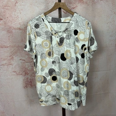 CHICO'S artsy geometric knit top size XL 3 lace up v-neck modern neutrals shirt - Image 1 of 4