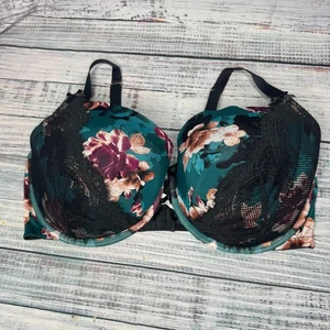 Cacique Lane Bryant 44F Lightly Lined Balconette Bra Teal Floral Lace Overlay - Picture 1 of 4