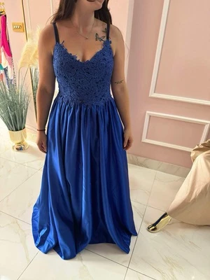 A-line/Princess Appliqué spaghetti strap satin floor length dress with pockets. - Image 1 of 4