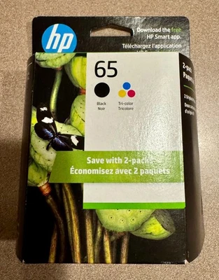 Cartuchos de tinta originales HP 65 (T0A36AN) negros y tricolores (tamaño regular) Foto 1 de 3