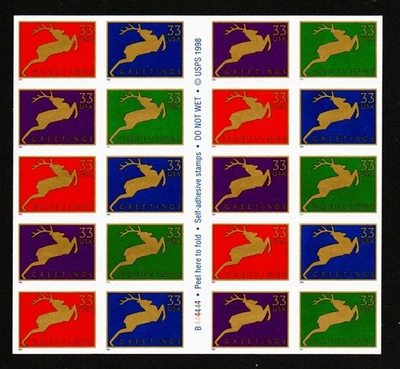 #3360-3363 MNH, HOILDAY GREETING-REINDEER-UNFOLDED BOOKLET OF 20, FV $6.60(1999) - Image 1 of 2