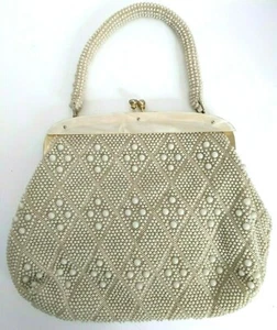 Vintage Elfenbein Perlen Handtasche Geldbeutel Lucite Rahmen Hongkong - Bild 1 von 6