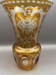 Beautiful Old Bohemian Etched Crystal Honey Amber Vase 8” - Picture 1 of 6