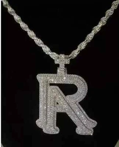 2 Ct Real Moissanite Men's "R" Letter Pendant 14K White Gold Plated 925 Silver - Picture 1 of 4