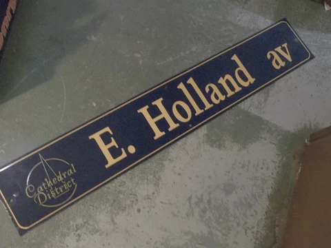 Vintage E HOLLAND AV Cathedral District Street Sign 54" X 9" GOLD on NAVY Ground Cover