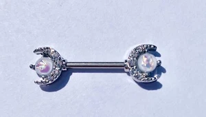 Crescent moon nipple bar Synthetic opal and clear Cz 1.6mm x 14mm - Picture 1 of 2