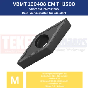 10 x VBMT 160408-EM TH1500 / VBMT 332-EM TH1500 Dreh-Wendeplatten für Edelstahl - Picture 1 of 1