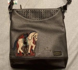 CHALA Horse Messenger Crossbody Brown Metallic Tote Bag Purse Faux Leather - Picture 1 of 9