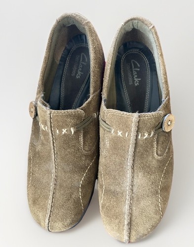 Mocassini CLARKS donna taglia 7 marrone marrone scamosciato slip on pieghevoli scarpe comode