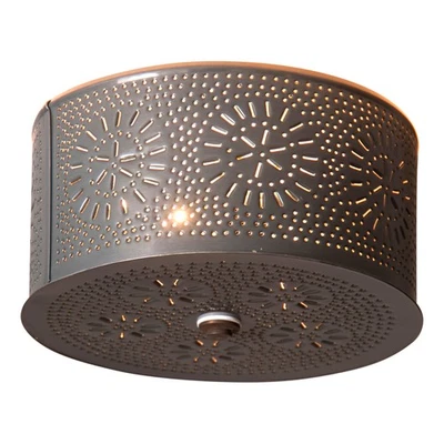 HANDCRAFTED CEILING LIGHT Primitive Round Punched Chisel Pattern Country Tin Finish USA Made