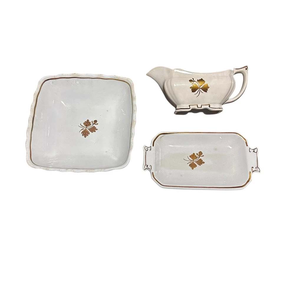 Alfred Meakin Royal Ironstone China Gold Leaf Gravy Boat Bowl Tray England 1890s - Image 1 of 4