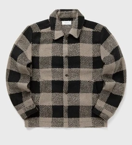LES DEUX Men’s S Jaiden Boucle Wool Blend Check Overshirt Desert Taupe Black - Picture 1 of 8
