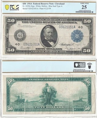 1914 $50 Federal Reserve Note Fr-1039a PCGS VF-25 - Image 1 of 3