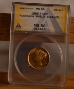 Victoria Gold Sovereign Australia 1885 MS 60 (cleaned) ANACS - Picture 1 of 4