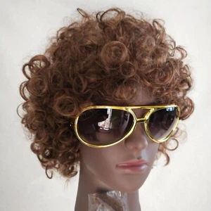 Curly Brown Rockstar Wig Gold Sunglasses Mustache Rocker 80s Costume Cosplay NEW - Picture 1 of 4