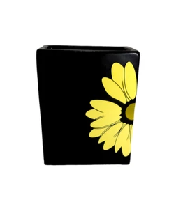 Retro Black Ceramic Block Vase Flower Pot Yellow Daisy - Picture 1 of 9
