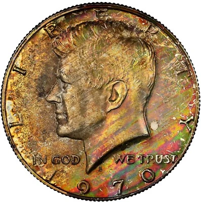 Монета номиналом 50 центов 1970 S с изображением Кеннеди NGC PF63 радужного тона электрическая неонового цвета - Изображение 1 из 4