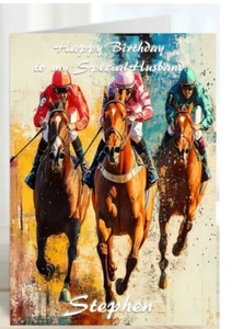 Personalised Birthday Card Horse racing Husband Dad Brother Uncle Friend - Picture 1 of 2
