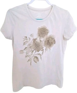 IZOD Damen L T-Shirt beige Blumen Kurzarm Boho Hippie Bauernshirt - Bild 1 von 4