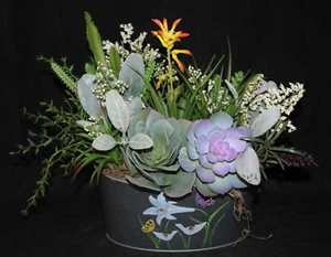 Mixed Artificial Succulent Arrangement in Garden Metal Planter - Picture 1 of 16