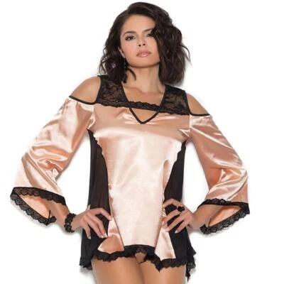 Satin Lace Sleep Shirt Panty Set Cold Shoulder Long Sleeves Peach 1984 Medium - Image 1 of 4