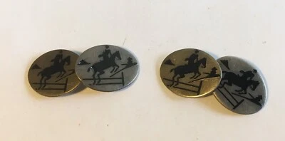 Antique Sterling Cuff Links With Black Enamel Horse & Rider Foto 1 de 4