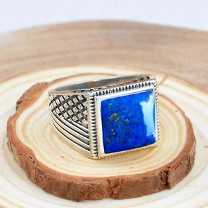 Natural Lapis Lazuli Square Cut 925 Sterling Silver Handmade Men's Ring Jewelry - Picture 1 of 3