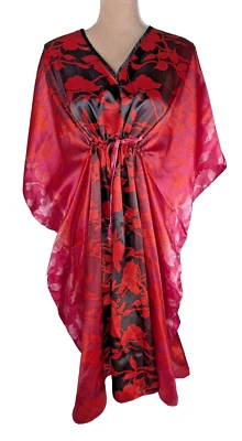 Mrs Roper Kaftan Red Pink Black Ombre Floral Print Coverup Lounge Dress Mumu OS - Image 1 of 4