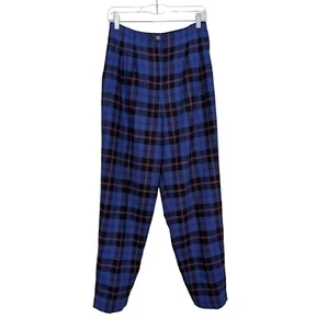 Vintage Plaid Pleated Pants Womens Size 8 Blue Wool Blend Lined High Waisted - Picture 1 of 12