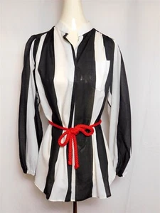 Camicetta tunica DOTTI Neiman Marcus vintage nera bianca a righe con fascia taglia med - Foto 1 di 9