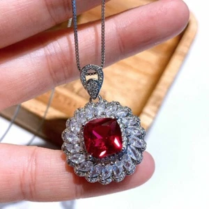 3Ct Cushion Cut Red Ruby Halo Christmas Pendant 14K White Gold Finish Free Chain - Picture 1 of 4