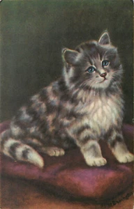 Postal artística gato gatito atigrado gris con ojos azules, Alma 326 Mainzer NY - Imagen 1 de 2