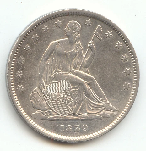 1839 Seated Liberty Half Dollar, With Drapery, Bright White AU-Unc Cover