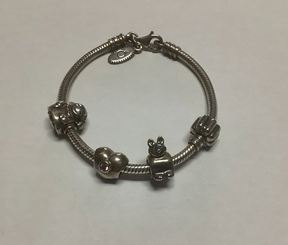 Pandora Sterling Silver 925 Charm Bracelet Lobster Clasp & 3 Charms, 1 Spacer - Image 1 of 4