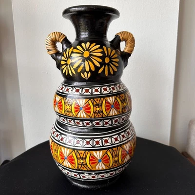 Vintage Heavy Hand-Painted Ceramic Vase – Black with Colorful Floral Motifs 14" - Image 1 of 4