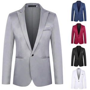 Mens One Button Casual Suit Jacket Business Solid Color Blazer Coat for Office - Picture 1 of 28
