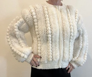 Vintage Ce’e Pullover selten weiß Grobstrick Cardigan Medium Puffärmel Reißverschluss - Bild 1 von 13