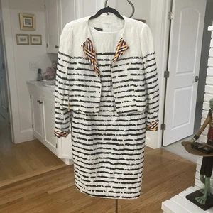Escada Sz 44 Suit Dress & Jacket Classic Navy & White- Colorful Ribbon Accents - Picture 1 of 21