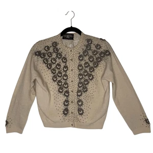 Vintage Silver House Ecru Lambswool Beaded 3/4 Sleeve Cardigan Sweater Size M - Picture 1 of 15