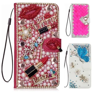 Cute Women Magnetic Leather Bling Sparkly Rhinestone Card Flip Wallet Phone Case - Picture 1 of 14