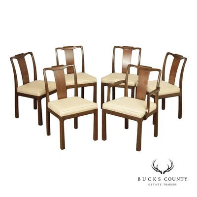 Juego de seis sillas de comedor de caoba con influencia asiática de mediados de siglo Foto 1 de 4