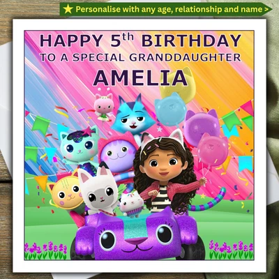 PEACHY IMPRESSIONS GABBY'S DOLLHOUSE BIRTHDAY CARD personalised AGE RELATIONSHIP NAME