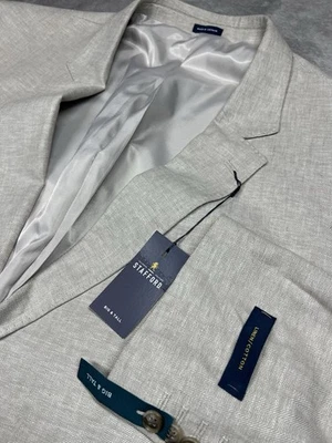 Stafford Linen Cotton Blazer Men 56S Tan Herringbone Big & Tall Sport Coat New - Image 1 of 4