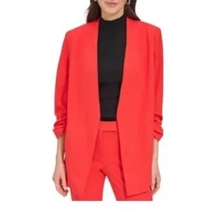 DKNY Flame Orange Red Open Front Ruched 3/4 Sleeve Blazer Jacket Small NWT - Picture 1 of 13