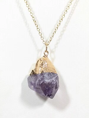 Boho Purple Amethyst Stone Pendant Gold Tone Long Chain Necklace 26 in - Image 1 of 4