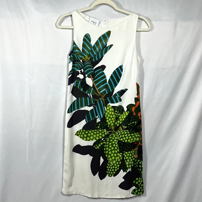 Vestido Akris Punto Diseñador Sin Mangas Tropical Hoja Floral 4 Playa Resort Arte Foto 1 de 4