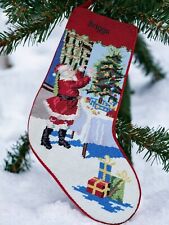 VTG Lands' End Holiday Stocking Santa Wool Cotton Needlepoint Velvet *Monogram*