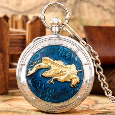 Crocodile Musical Pocket Watch Quartz Timepiece Playing City Sky Song FOB Chain - Image 1 of 4