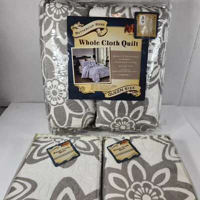 Cracker Barrel Quilt Cotton Whole Cloth Queen Buttercup Rose Gray/White  Shams - Image 1 of 4